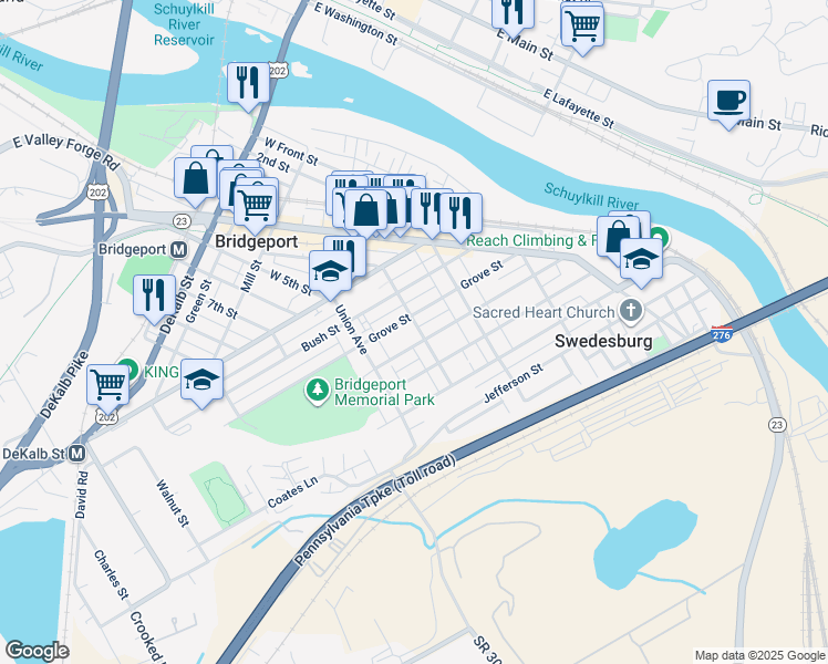 map of restaurants, bars, coffee shops, grocery stores, and more near 316 East Rambo Street in Bridgeport