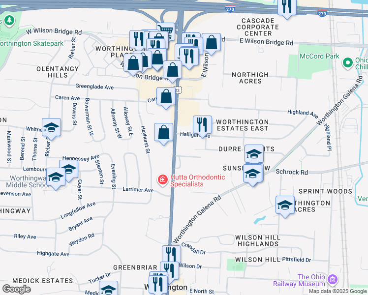 map of restaurants, bars, coffee shops, grocery stores, and more near 6770 North High Street in Worthington