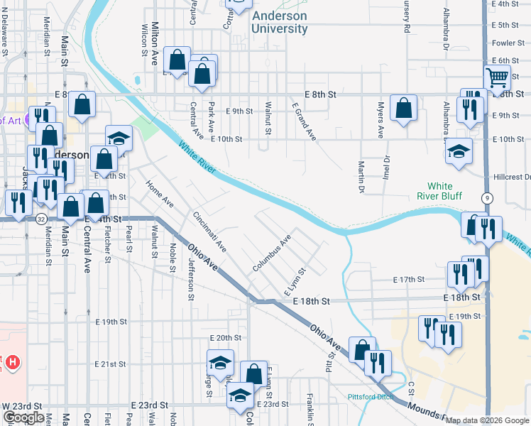 map of restaurants, bars, coffee shops, grocery stores, and more near 1500 Miller Avenue in Anderson