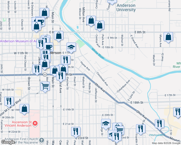 map of restaurants, bars, coffee shops, grocery stores, and more near 1421 Home Avenue in Anderson