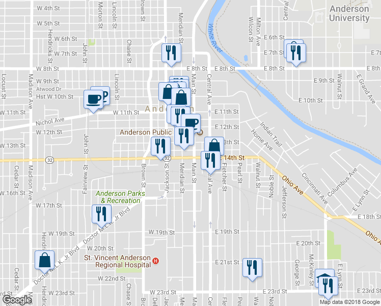 map of restaurants, bars, coffee shops, grocery stores, and more near 1331 Main Street in Anderson