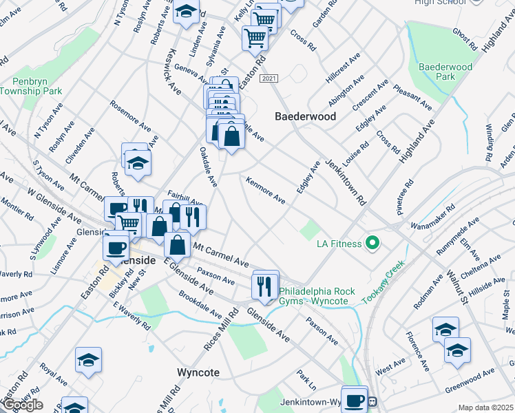 map of restaurants, bars, coffee shops, grocery stores, and more near 2133 Woodlawn Avenue in Glenside