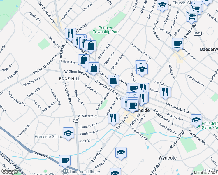 map of restaurants, bars, coffee shops, grocery stores, and more near 309A West Glenside Avenue in Glenside
