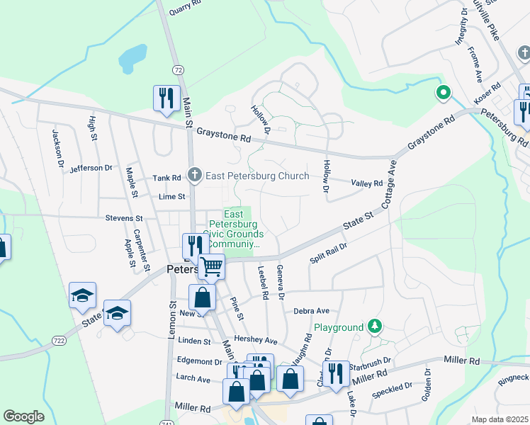 map of restaurants, bars, coffee shops, grocery stores, and more near 6075 Geneva Drive in East Petersburg