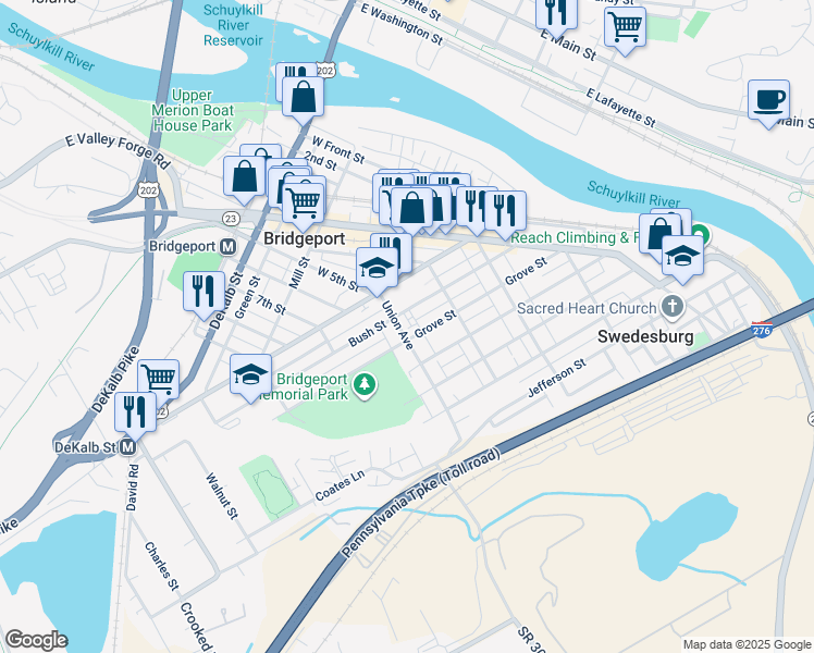 map of restaurants, bars, coffee shops, grocery stores, and more near 211 Union Avenue in Bridgeport