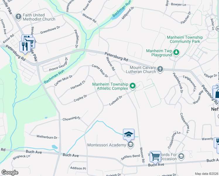 map of restaurants, bars, coffee shops, grocery stores, and more near 316 Copley Drive in Lancaster