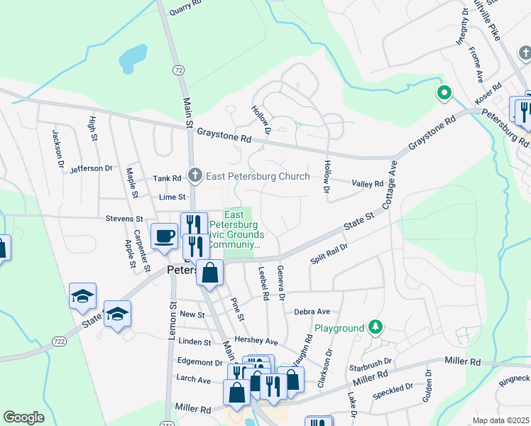 map of restaurants, bars, coffee shops, grocery stores, and more near 6075 Geneva Drive in East Petersburg