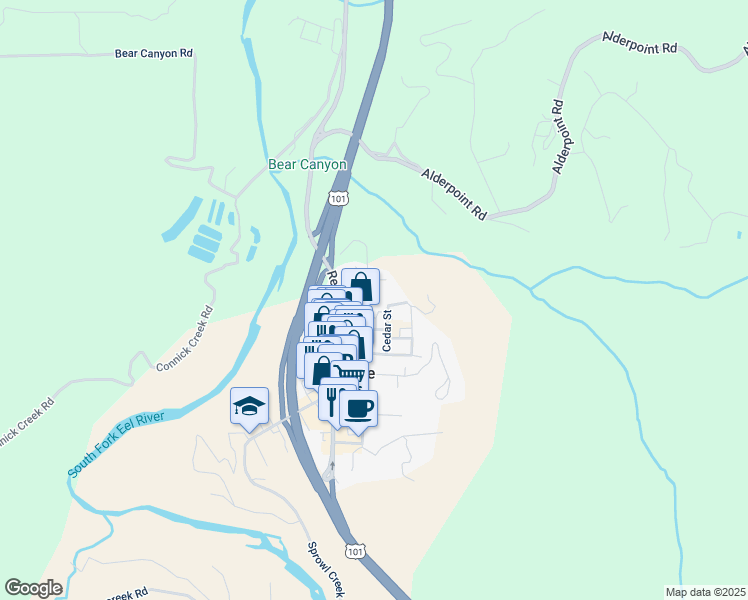 map of restaurants, bars, coffee shops, grocery stores, and more near 669 Locust Street in Garberville