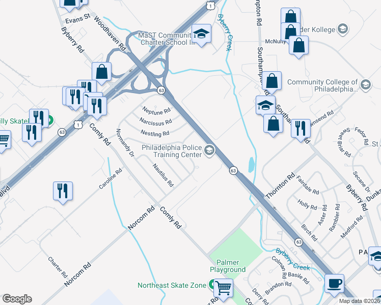 map of restaurants, bars, coffee shops, grocery stores, and more near 2855 Norcom Road in Philadelphia