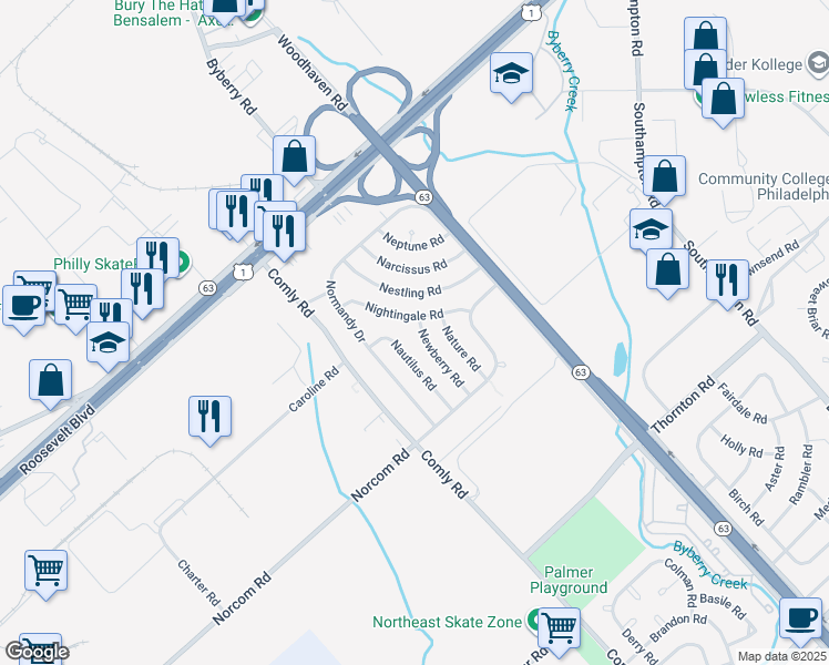 map of restaurants, bars, coffee shops, grocery stores, and more near 2814 Newberry Road in Philadelphia