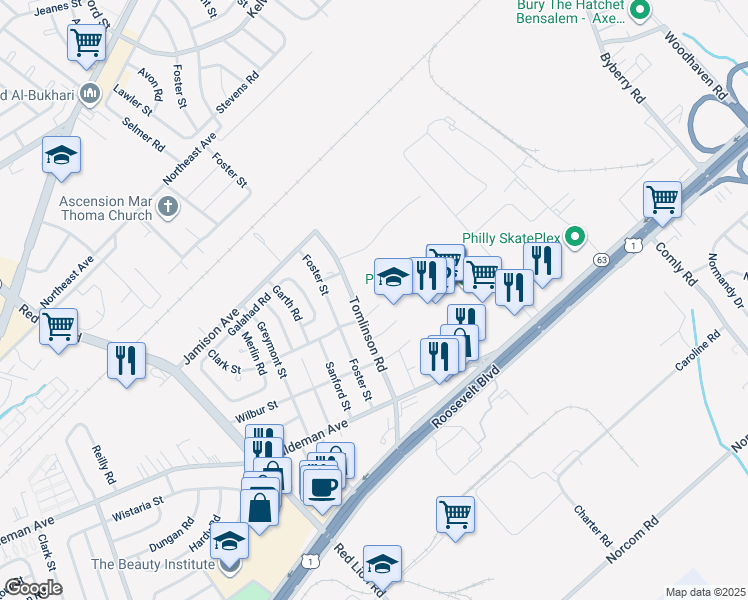 map of restaurants, bars, coffee shops, grocery stores, and more near 10610 Clark Street in Philadelphia