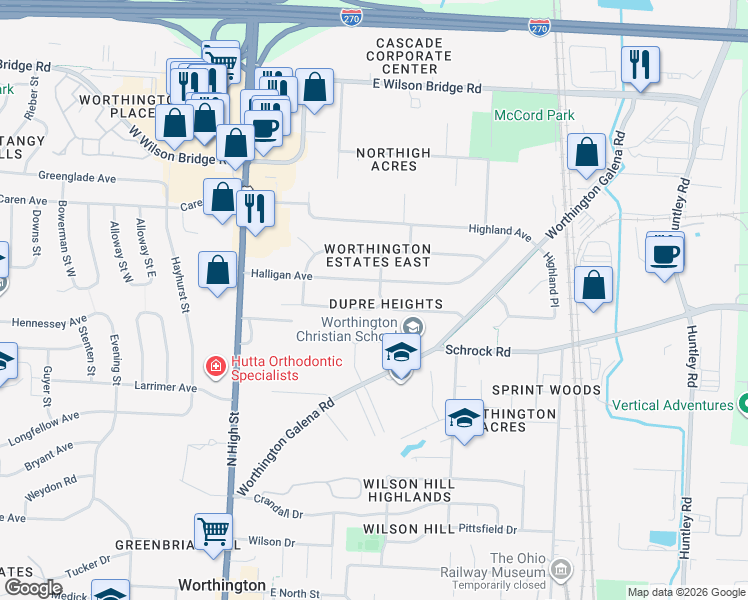 map of restaurants, bars, coffee shops, grocery stores, and more near 6783 Joslyn Place in Worthington