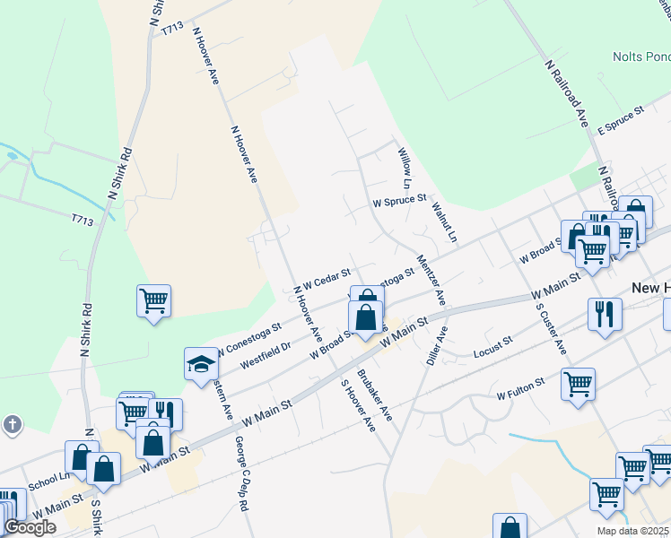 map of restaurants, bars, coffee shops, grocery stores, and more near 413 West Cedar Street in New Holland