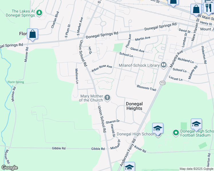 map of restaurants, bars, coffee shops, grocery stores, and more near 607 Hearthstone Lane in Mount Joy