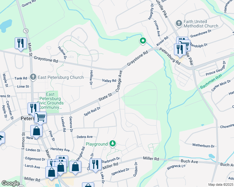 map of restaurants, bars, coffee shops, grocery stores, and more near 2596 State St in East Petersburg
