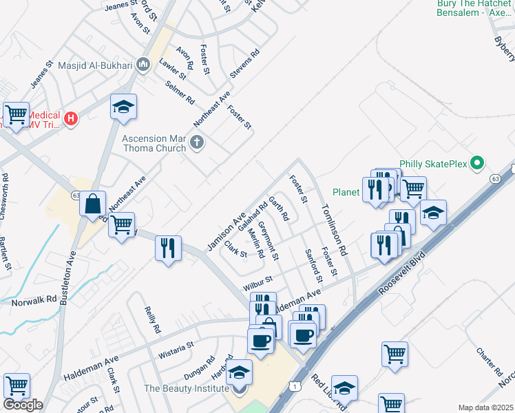 map of restaurants, bars, coffee shops, grocery stores, and more near 10204 Galahad Road in Philadelphia