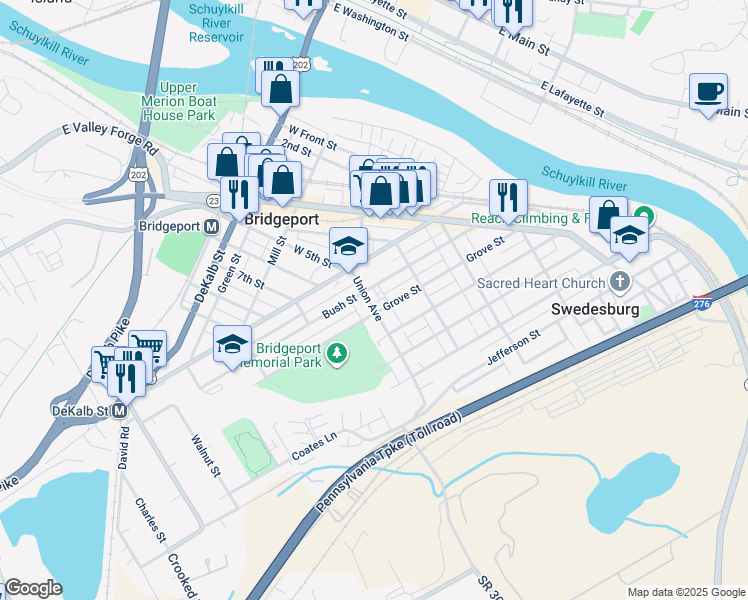 map of restaurants, bars, coffee shops, grocery stores, and more near 211 Union Avenue in Bridgeport