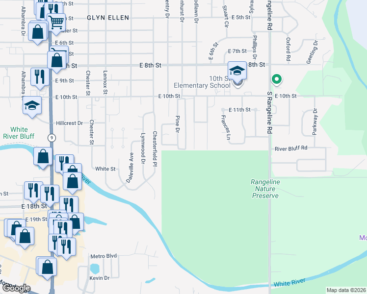 map of restaurants, bars, coffee shops, grocery stores, and more near 2904 Pin Oak Drive in Anderson