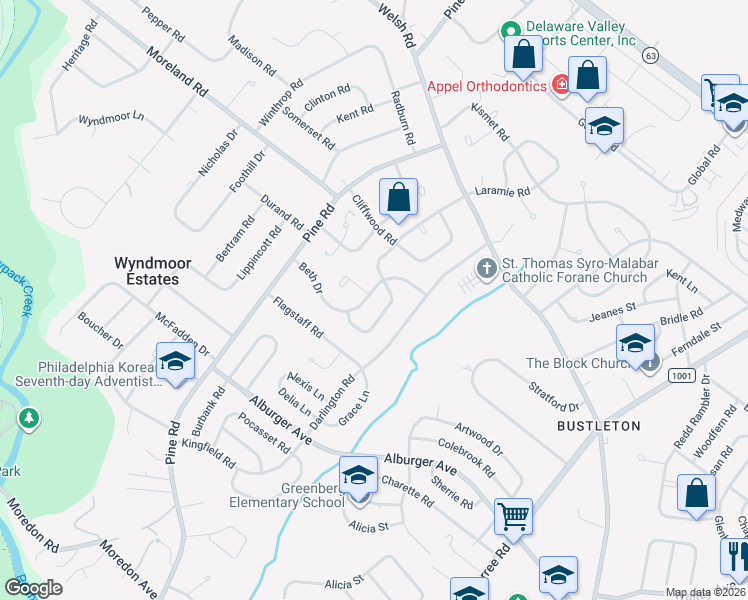 map of restaurants, bars, coffee shops, grocery stores, and more near 134 Beth Drive in Philadelphia