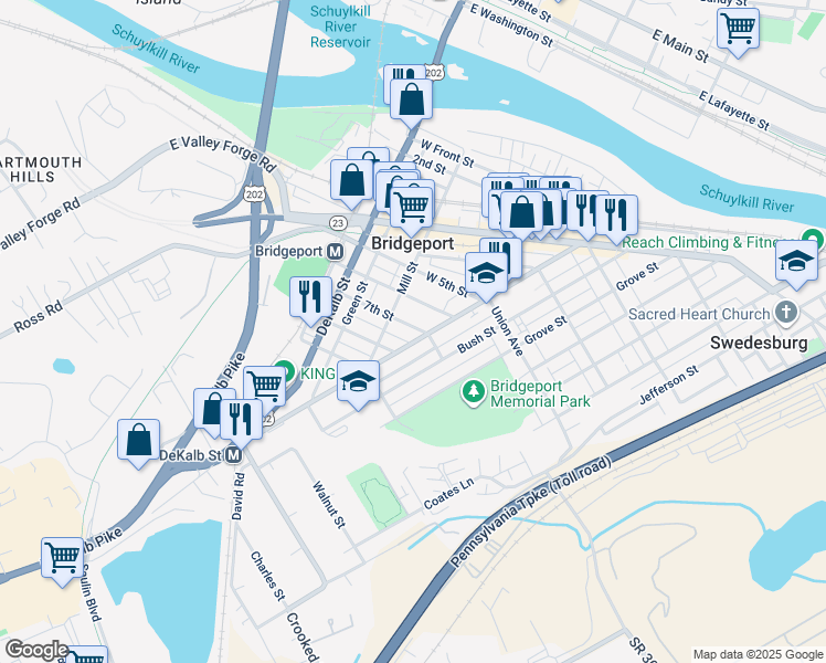 map of restaurants, bars, coffee shops, grocery stores, and more near 14 7th Street in Bridgeport