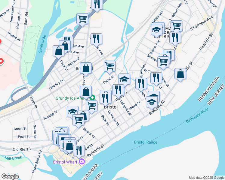 map of restaurants, bars, coffee shops, grocery stores, and more near 442 Lafayette Street in Bristol
