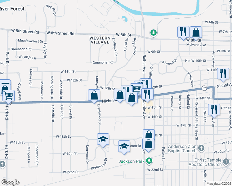 map of restaurants, bars, coffee shops, grocery stores, and more near 2575 West 12th Street in Anderson
