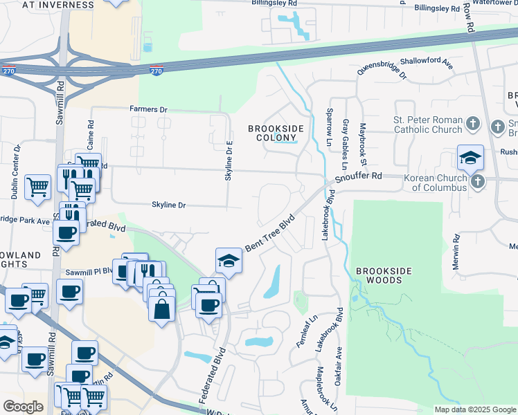 map of restaurants, bars, coffee shops, grocery stores, and more near 147 Bentwood Circle in Columbus