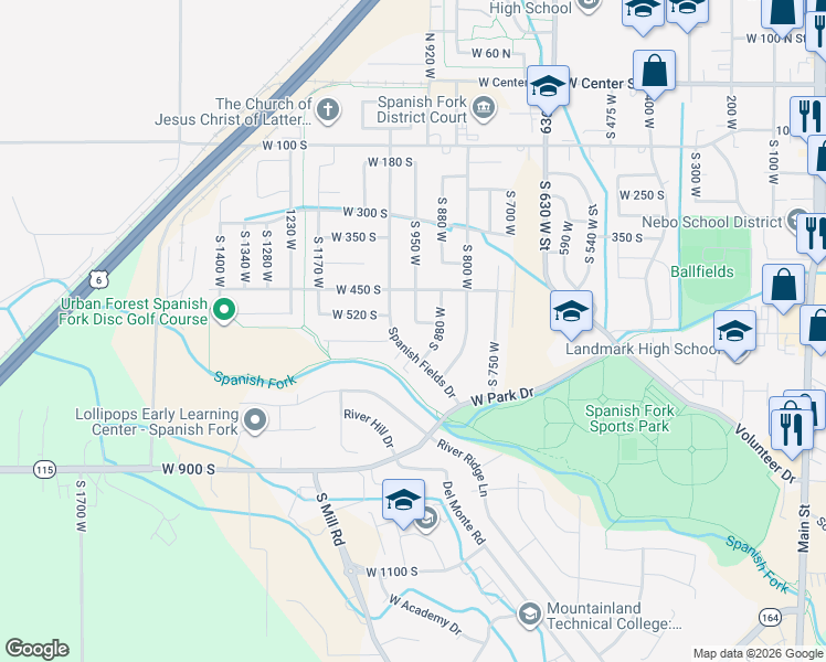 map of restaurants, bars, coffee shops, grocery stores, and more near 951 530 South in Spanish Fork