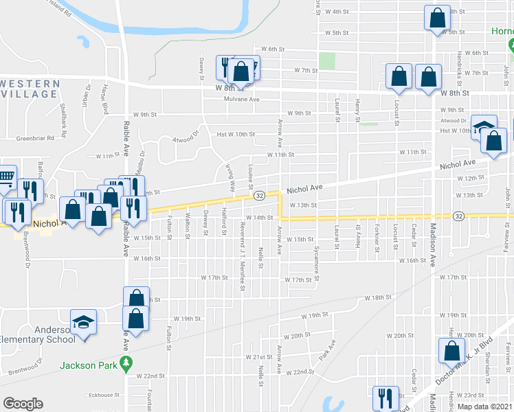map of restaurants, bars, coffee shops, grocery stores, and more near West 13th Street in Anderson