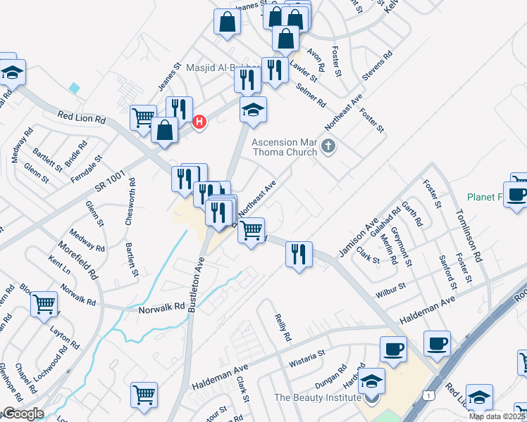 map of restaurants, bars, coffee shops, grocery stores, and more near 10103 Northeast Avenue in Philadelphia