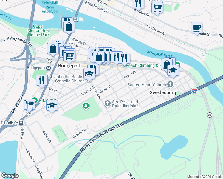map of restaurants, bars, coffee shops, grocery stores, and more near 316 East Rambo Street in Bridgeport