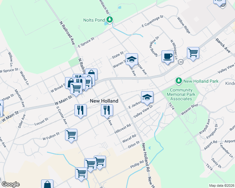 map of restaurants, bars, coffee shops, grocery stores, and more near 328 East Main Street in New Holland
