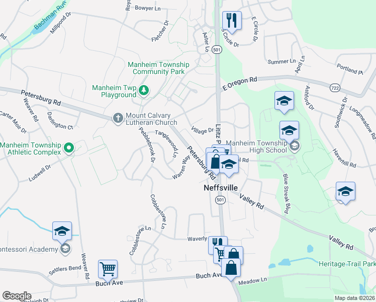 map of restaurants, bars, coffee shops, grocery stores, and more near 94 Petersburg Road in Lancaster