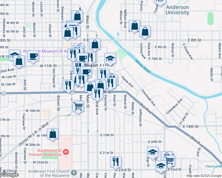 map of restaurants, bars, coffee shops, grocery stores, and more near 1326 Fletcher Street in Anderson