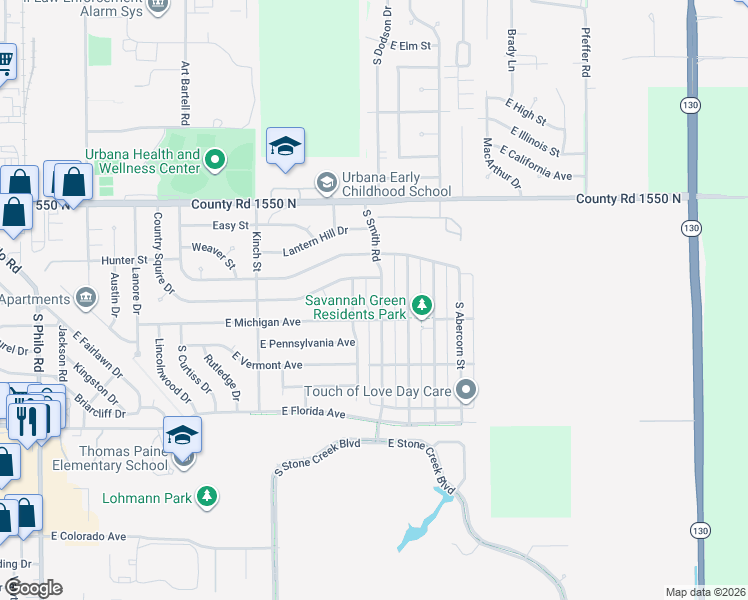 map of restaurants, bars, coffee shops, grocery stores, and more near 1312 South Smith Road in Urbana