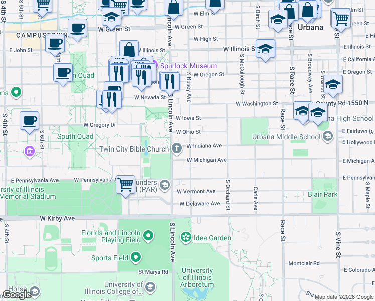 map of restaurants, bars, coffee shops, grocery stores, and more near 803 Indiana Avenue in Urbana