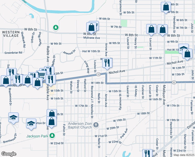 map of restaurants, bars, coffee shops, grocery stores, and more near West 13th Street in Anderson