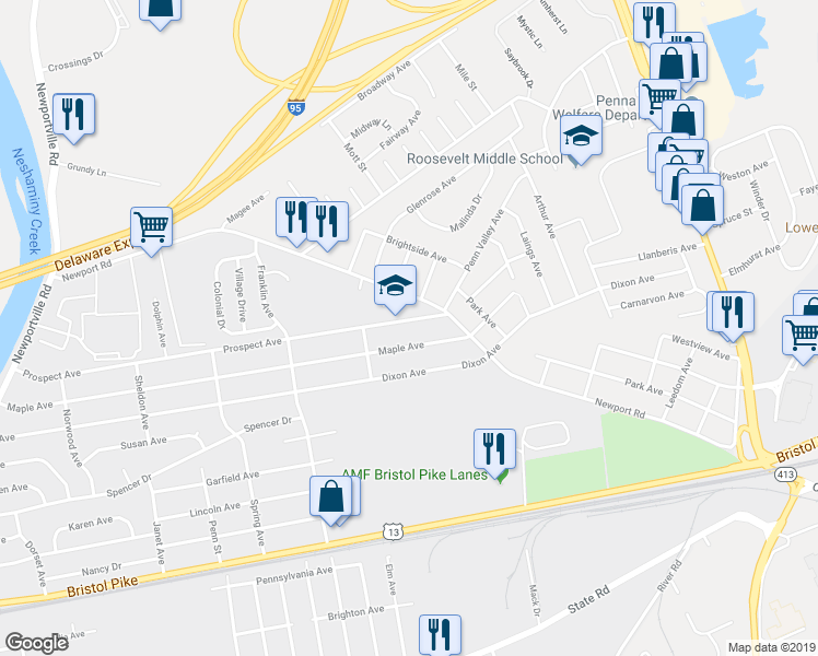 map of restaurants, bars, coffee shops, grocery stores, and more near 2338 Prospect Avenue in Croydon