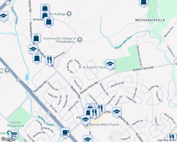 map of restaurants, bars, coffee shops, grocery stores, and more near 3110 Belgreen Road in Philadelphia