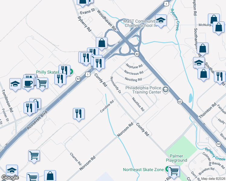 map of restaurants, bars, coffee shops, grocery stores, and more near 2829 Comly Road in Philadelphia