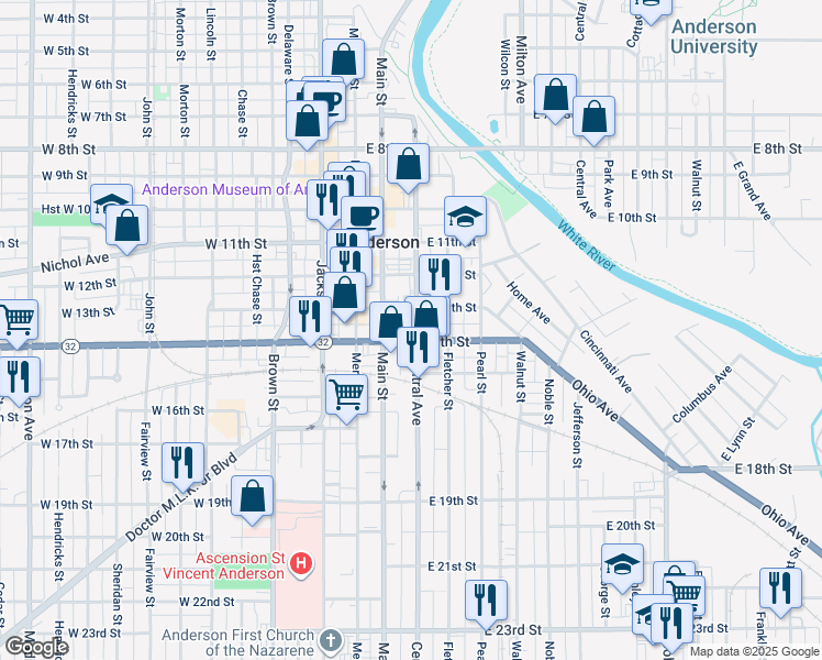 map of restaurants, bars, coffee shops, grocery stores, and more near 1327 Central Avenue in Anderson