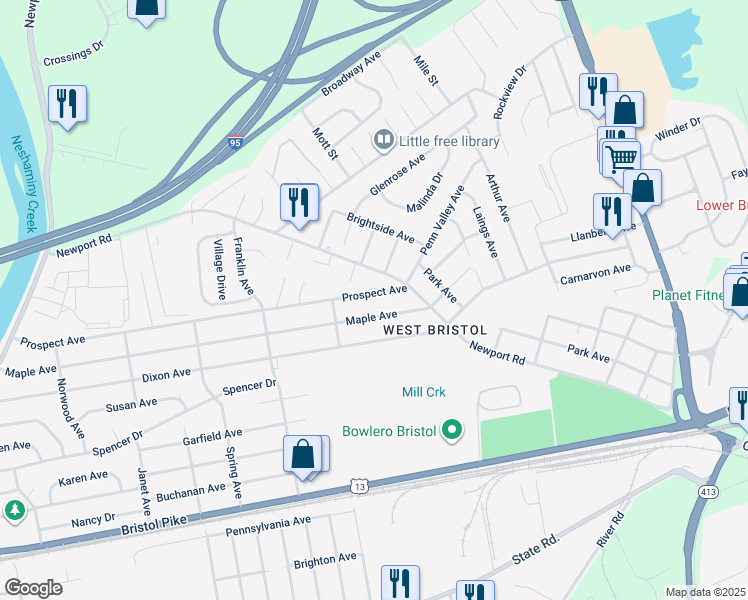 map of restaurants, bars, coffee shops, grocery stores, and more near 2338 Prospect Avenue in Croydon
