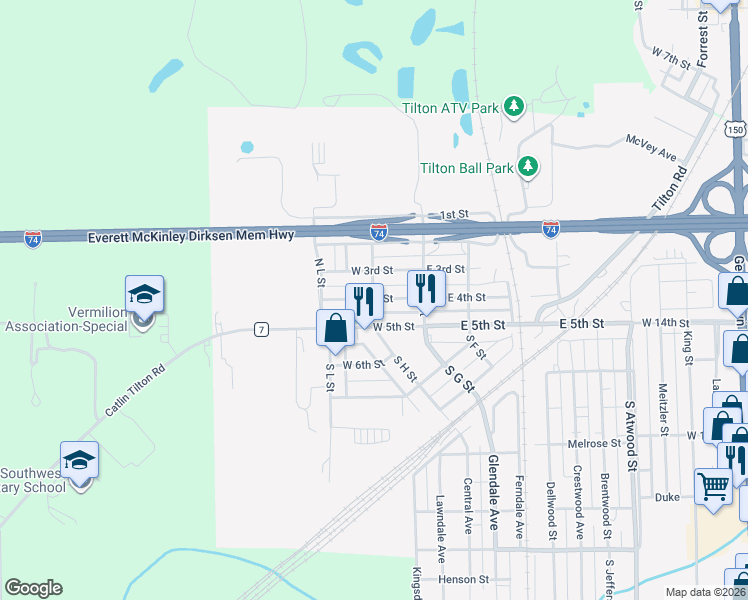map of restaurants, bars, coffee shops, grocery stores, and more near 198 W 4th St in Tilton