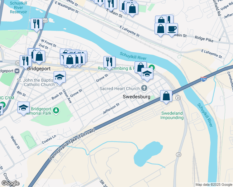 map of restaurants, bars, coffee shops, grocery stores, and more near 327 Coates Street in Bridgeport