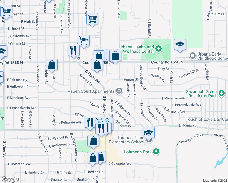 map of restaurants, bars, coffee shops, grocery stores, and more near 1501 Ivanhoe Way in Urbana