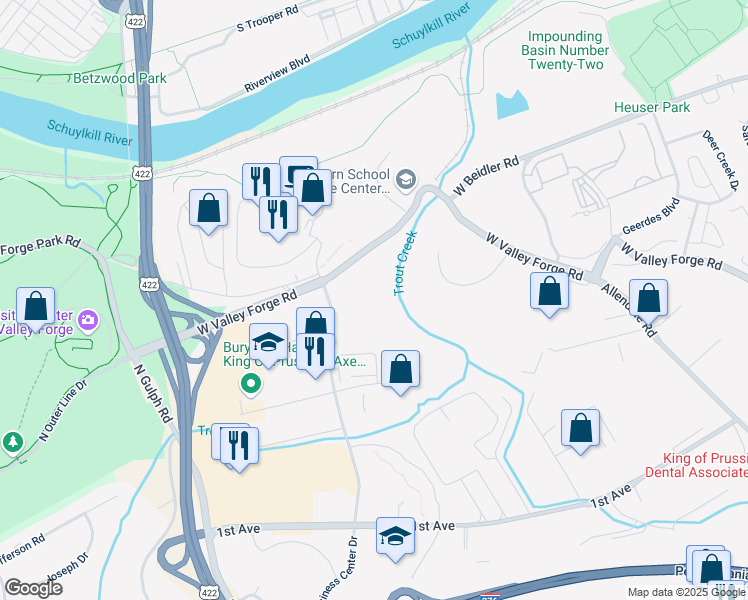 map of restaurants, bars, coffee shops, grocery stores, and more near 760 Moore Road in King of Prussia