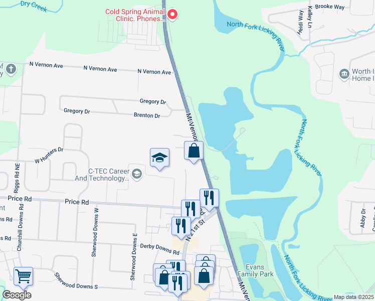 map of restaurants, bars, coffee shops, grocery stores, and more near 1695 Mount Vernon Road in Newark