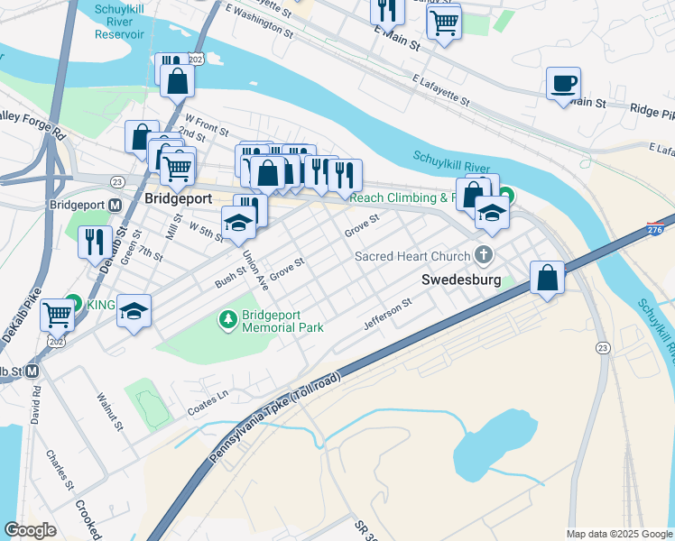 map of restaurants, bars, coffee shops, grocery stores, and more near 424 Prospect Avenue in Bridgeport