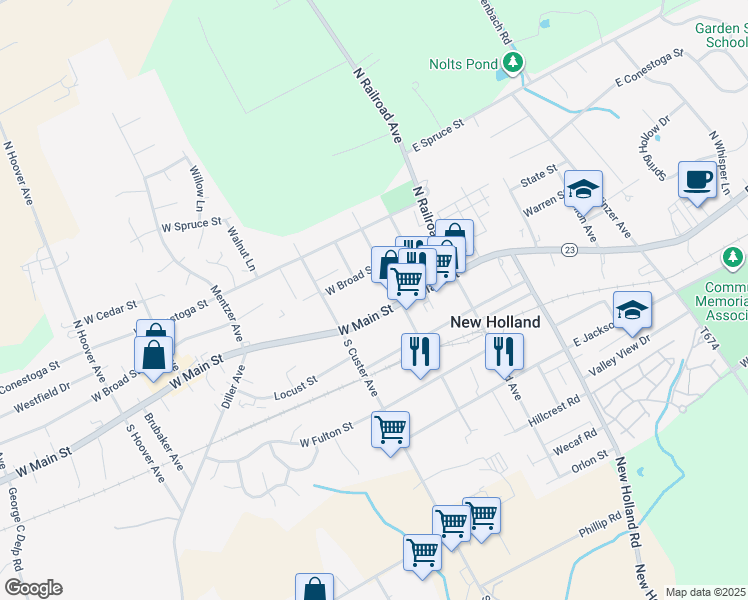 map of restaurants, bars, coffee shops, grocery stores, and more near 119 W Main St in New Holland