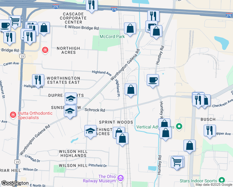 map of restaurants, bars, coffee shops, grocery stores, and more near 6805 Highland Place in Worthington